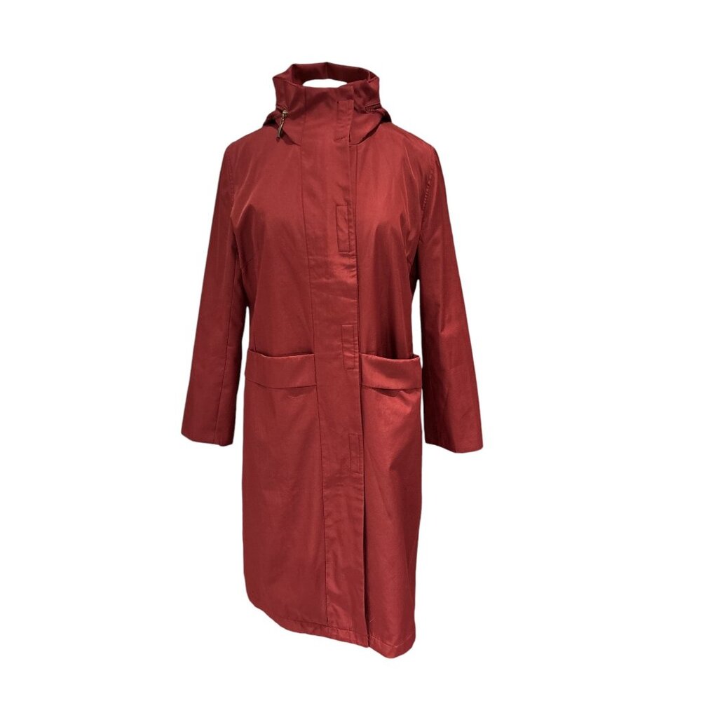 Omernos Italy Design Hooded Red Trench Coat With Foldable Hood & Pockets